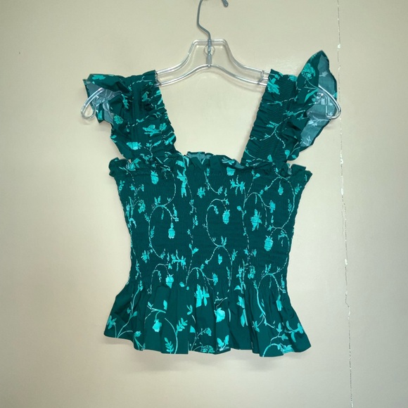 Hill House Top The Paz Green Botanical Floral Smocked Cap Sleeveless - Picture 2 of 5